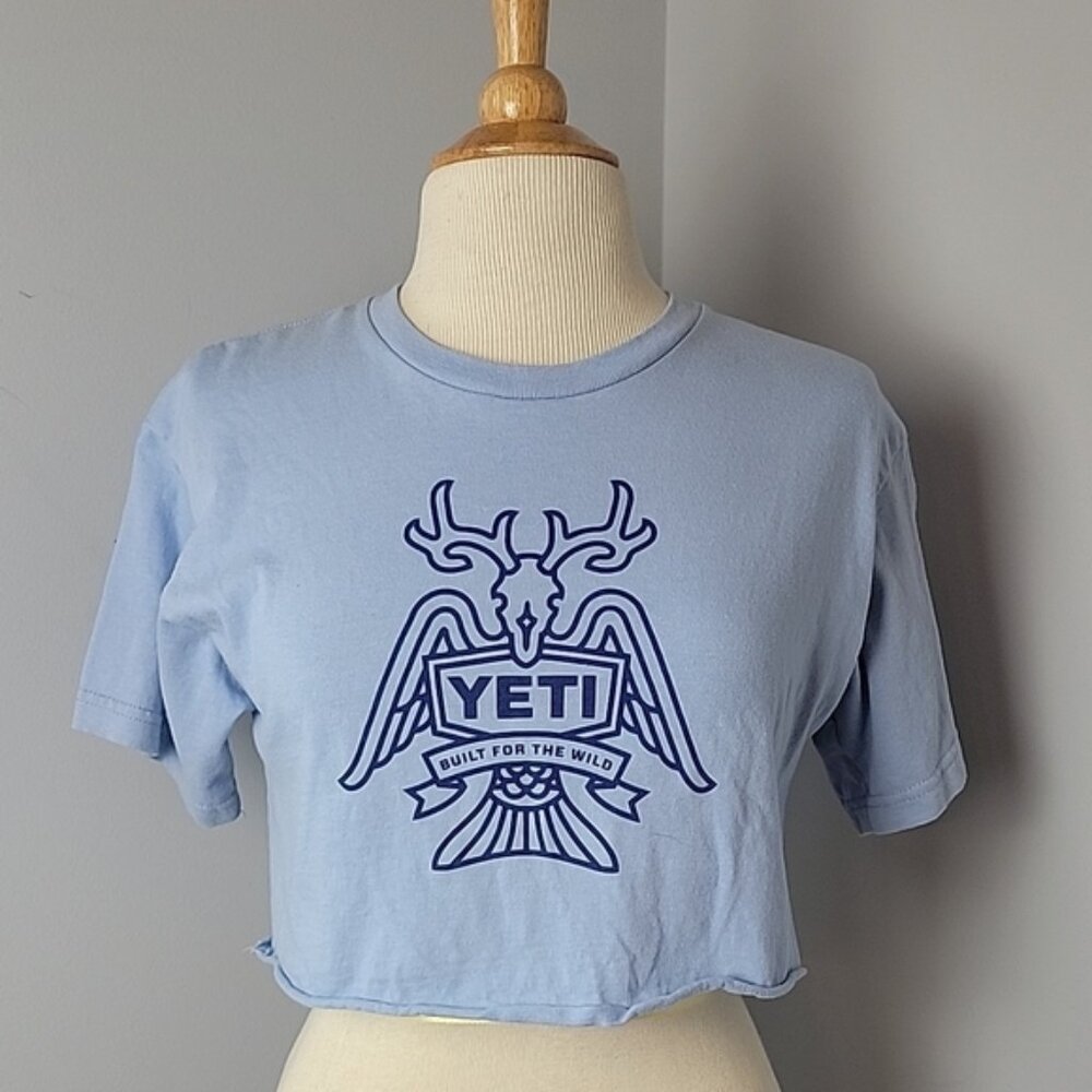 YETI Blue Graphic‎ Cut Off Cropped Rolled Hem Short Sleeve Retro 80s T-Shirt M